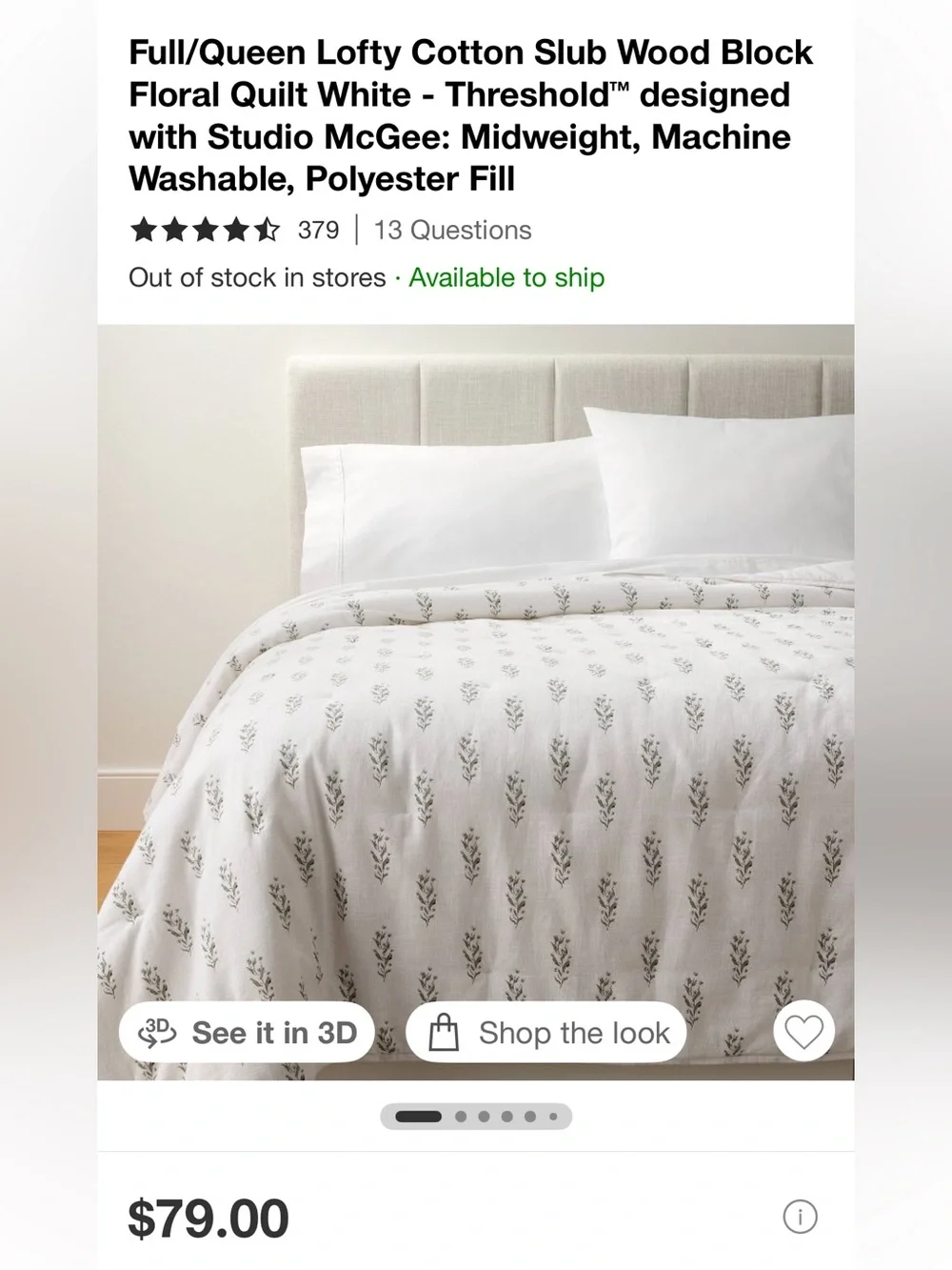 NWT Threshold Full/Queen Cotton Slub Blockprint Floral Quilt/Comforter & Shams